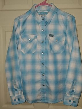 DIXXON Blue and White Plaid Snap-Front Button Down Shirt